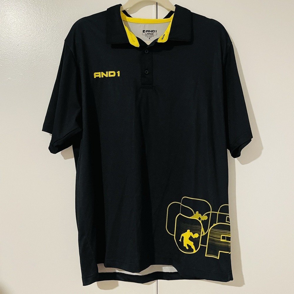 AND1‎ Wrap Around 1  Basketball Polo Shirt Large Yellow and Black Logo - Picture 7 of 10